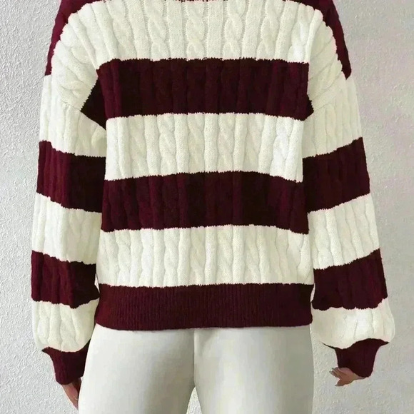 Red Violet Casual Women's Two Tone Cable Knit Drop Shoulder Sweater - Picture 2 of 6